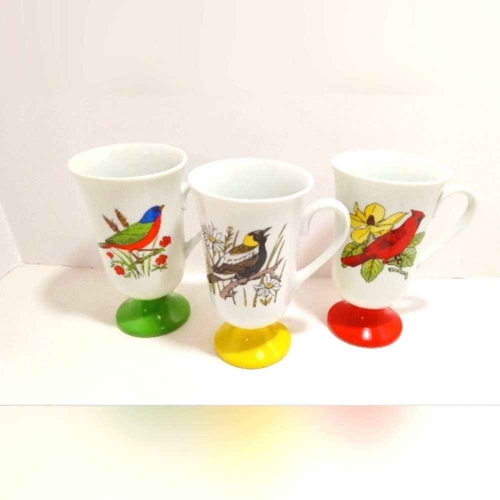 Fred Roberts Vintage Song Birds Pedestal Mugs Cups Set of 3
